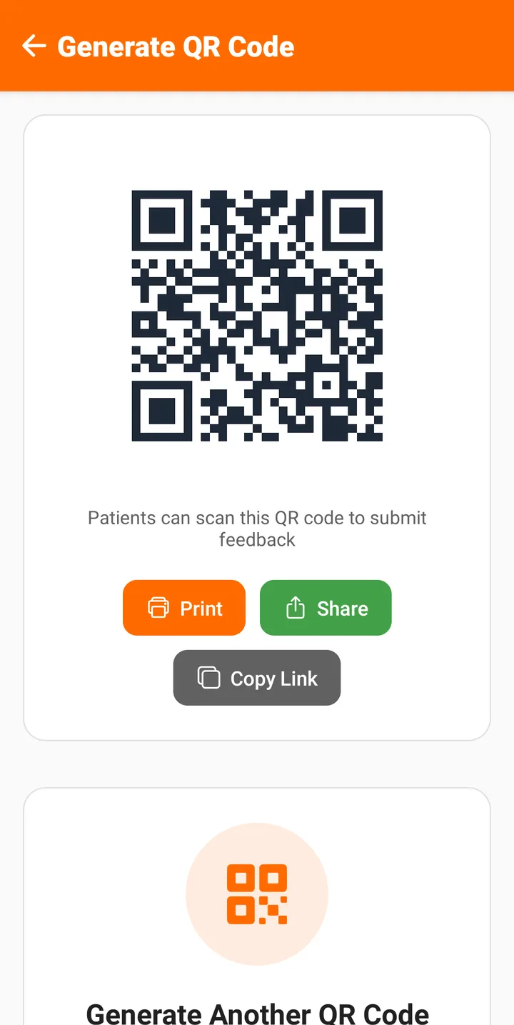 New complaint QR code with Print, Share and Copy Link buttons