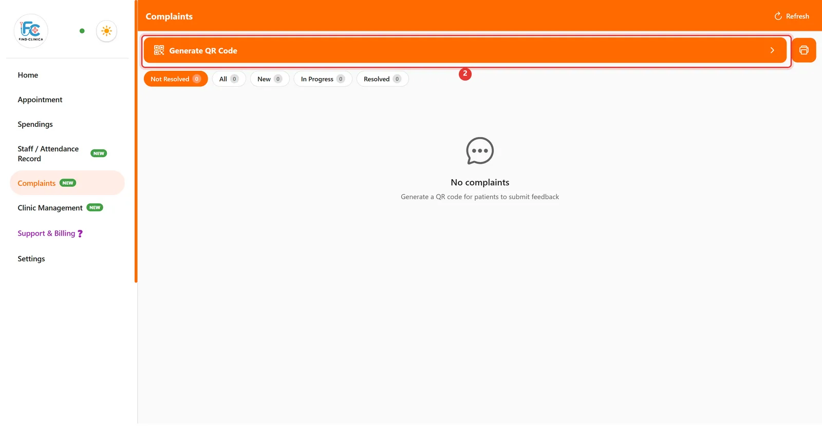 Complaints screen with the Generate QR Code bar highlighted