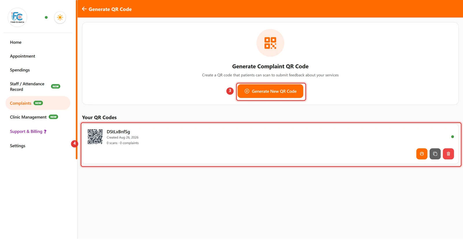 Generate QR Code screen with the Generate New QR Code button and an existing QR code highlighted