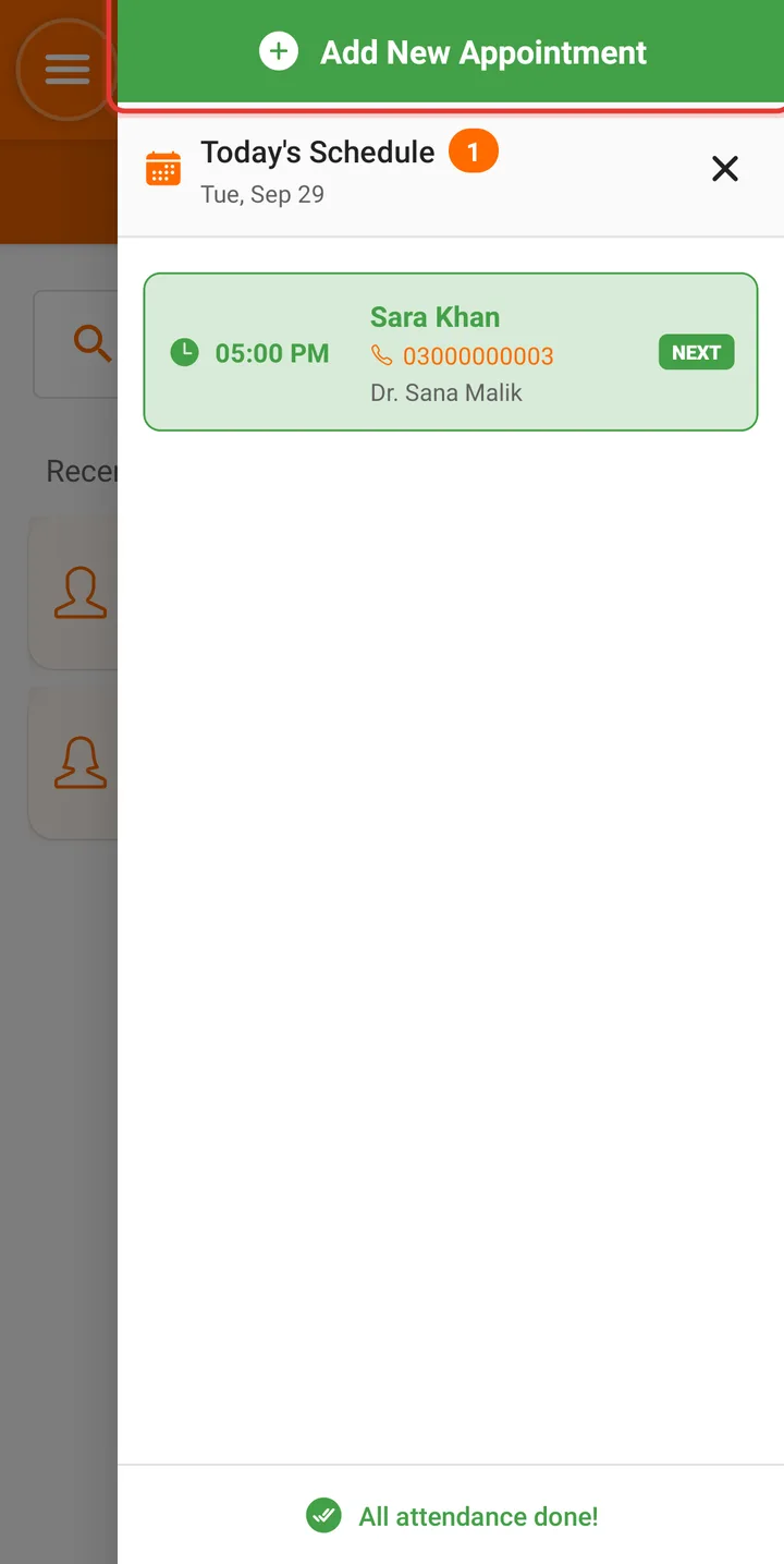 Today's Schedule panel with the Add New Appointment button highlighted
