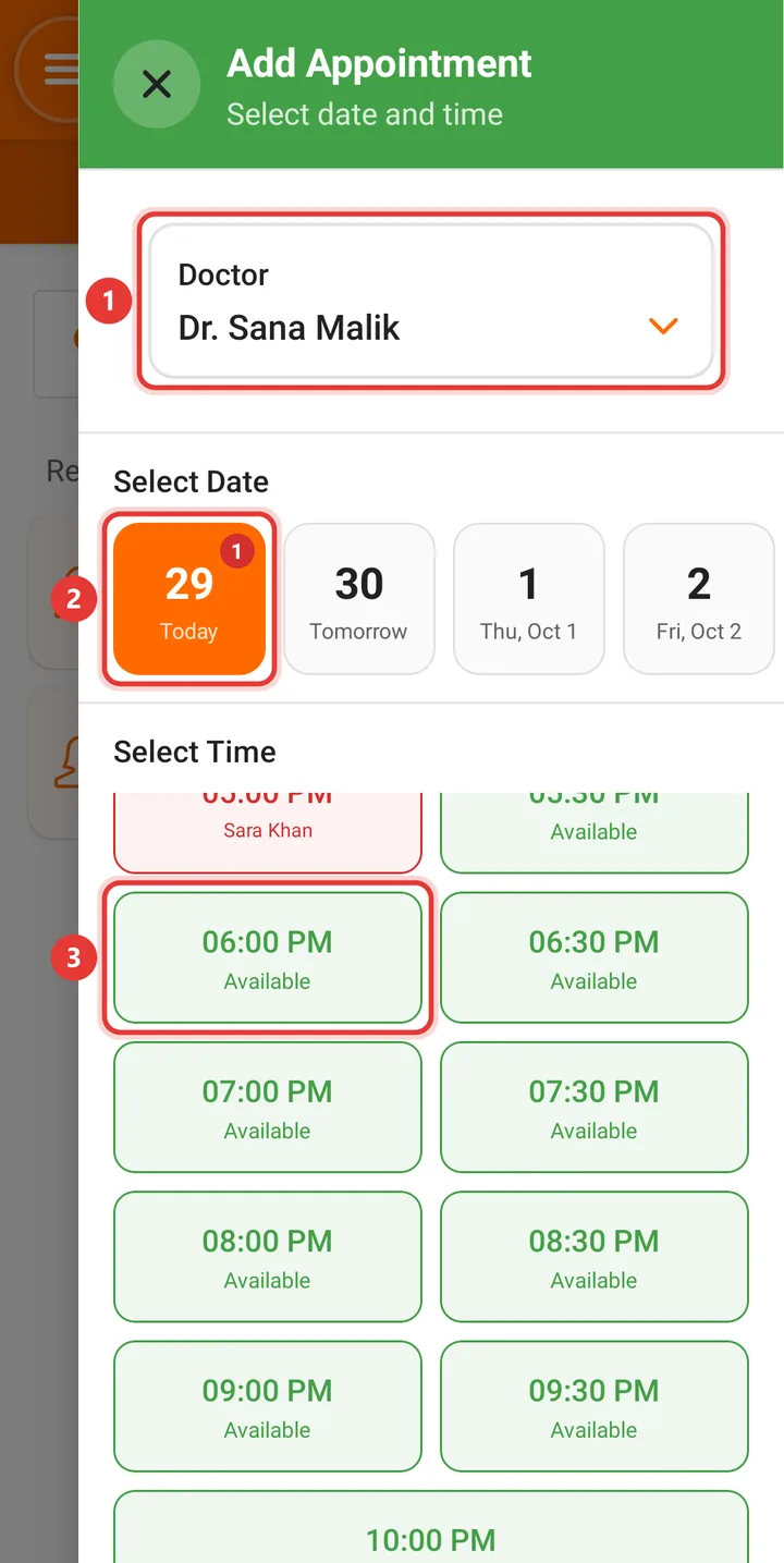 Add Appointment sheet with the doctor, today's date and a free time slot highlighted