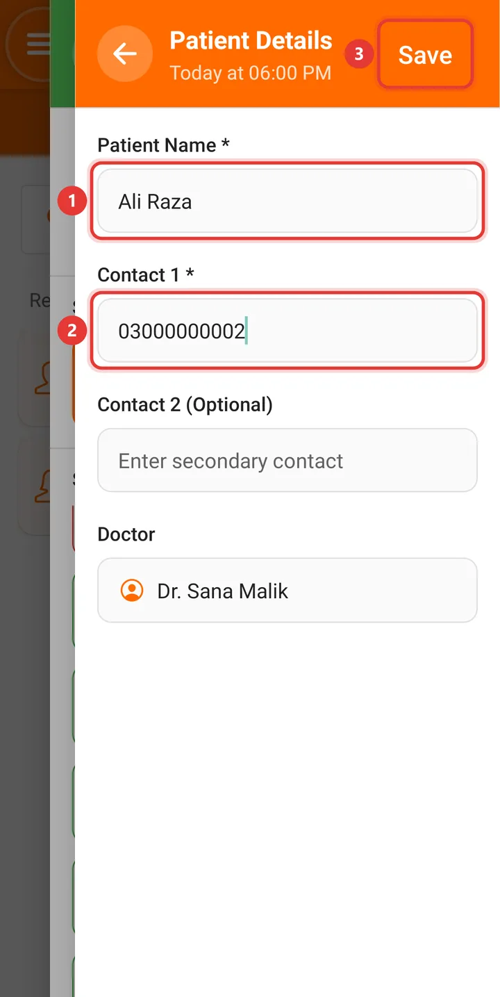 Patient Details step with the name, number and Save button highlighted