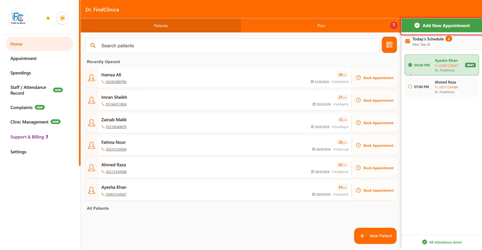 FindClinica home screen with the green Add New Appointment button highlighted
