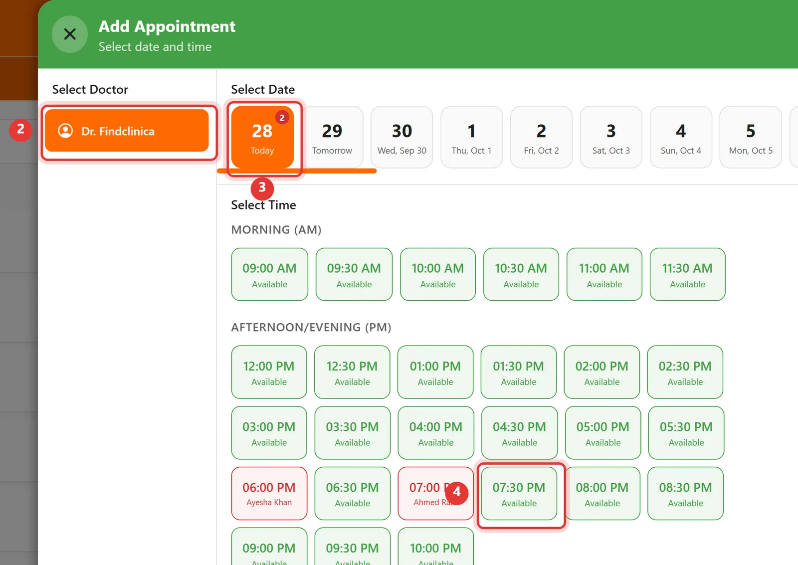 Add Appointment panel with the doctor, today's date and a free time slot highlighted