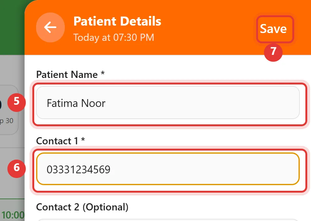 Patient Details panel with Patient Name, Contact 1 and the Save button highlighted