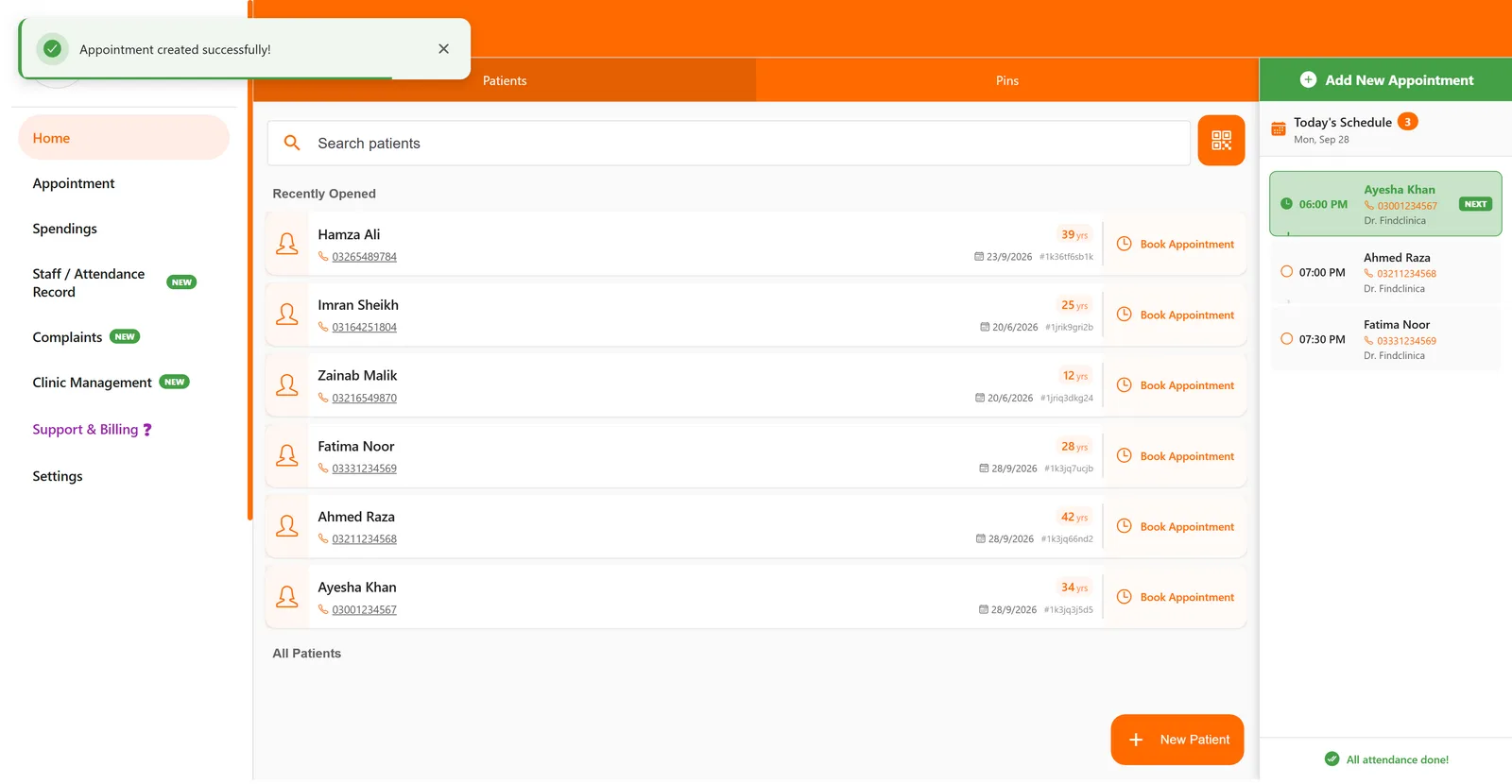 FindClinica home screen showing the appointment confirmation and the booking in Today's Schedule