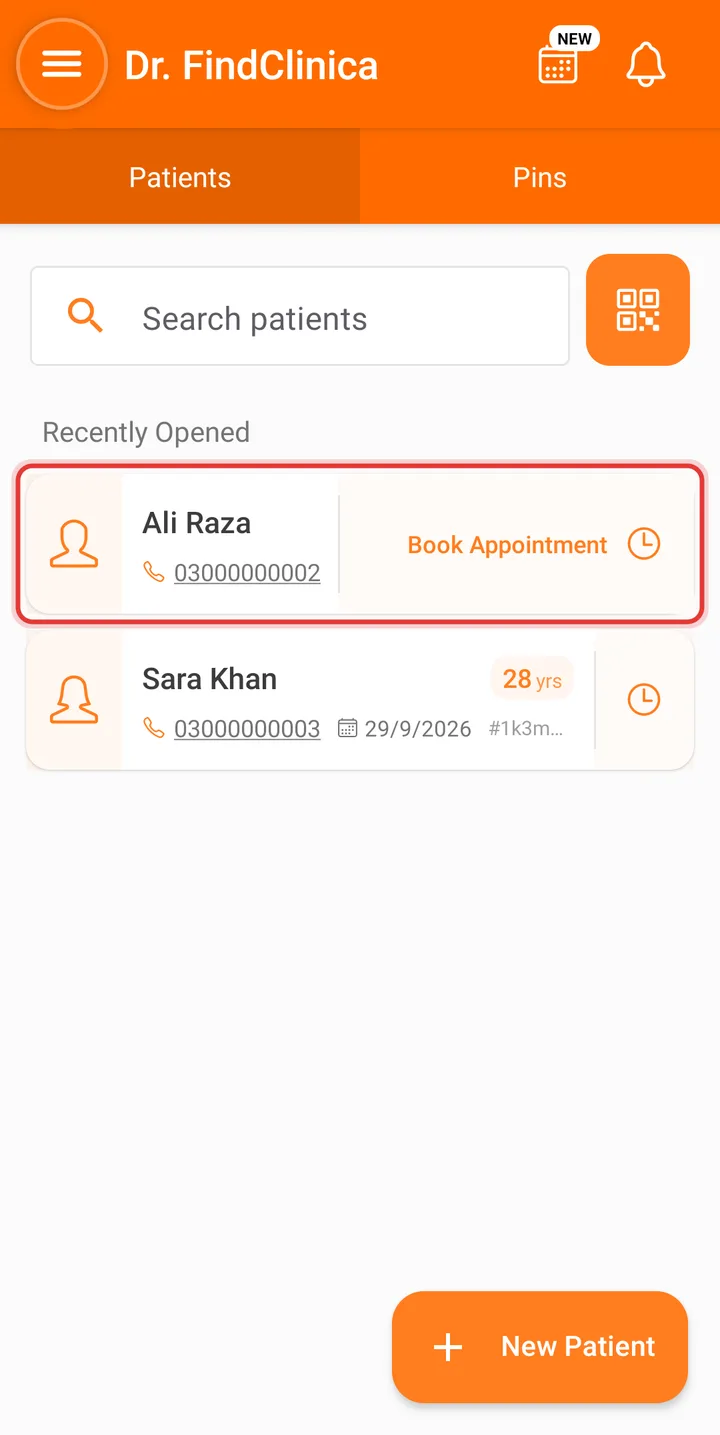 Patient list on a phone with one patient highlighted