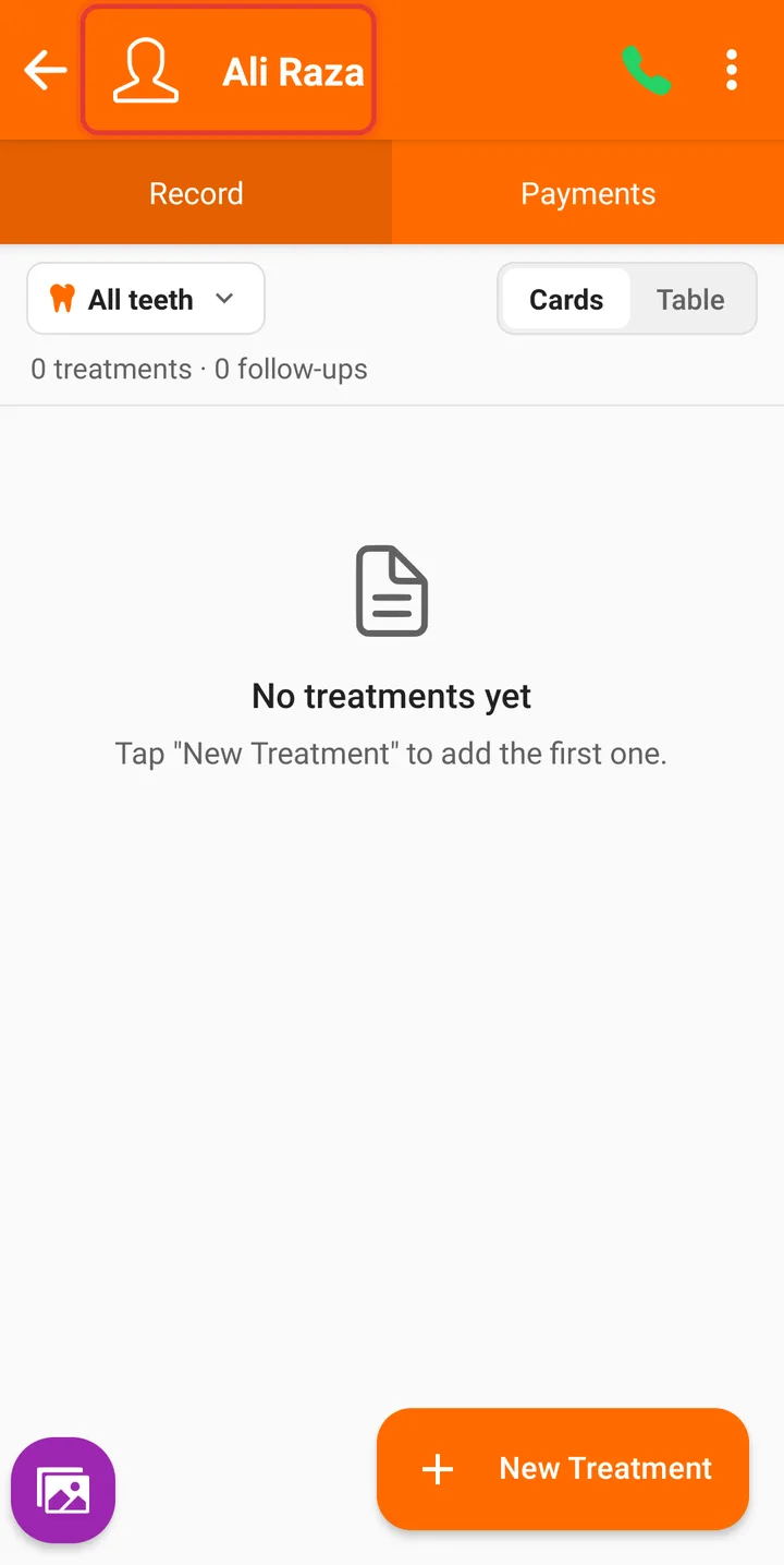 Patient page header with the patient's name highlighted