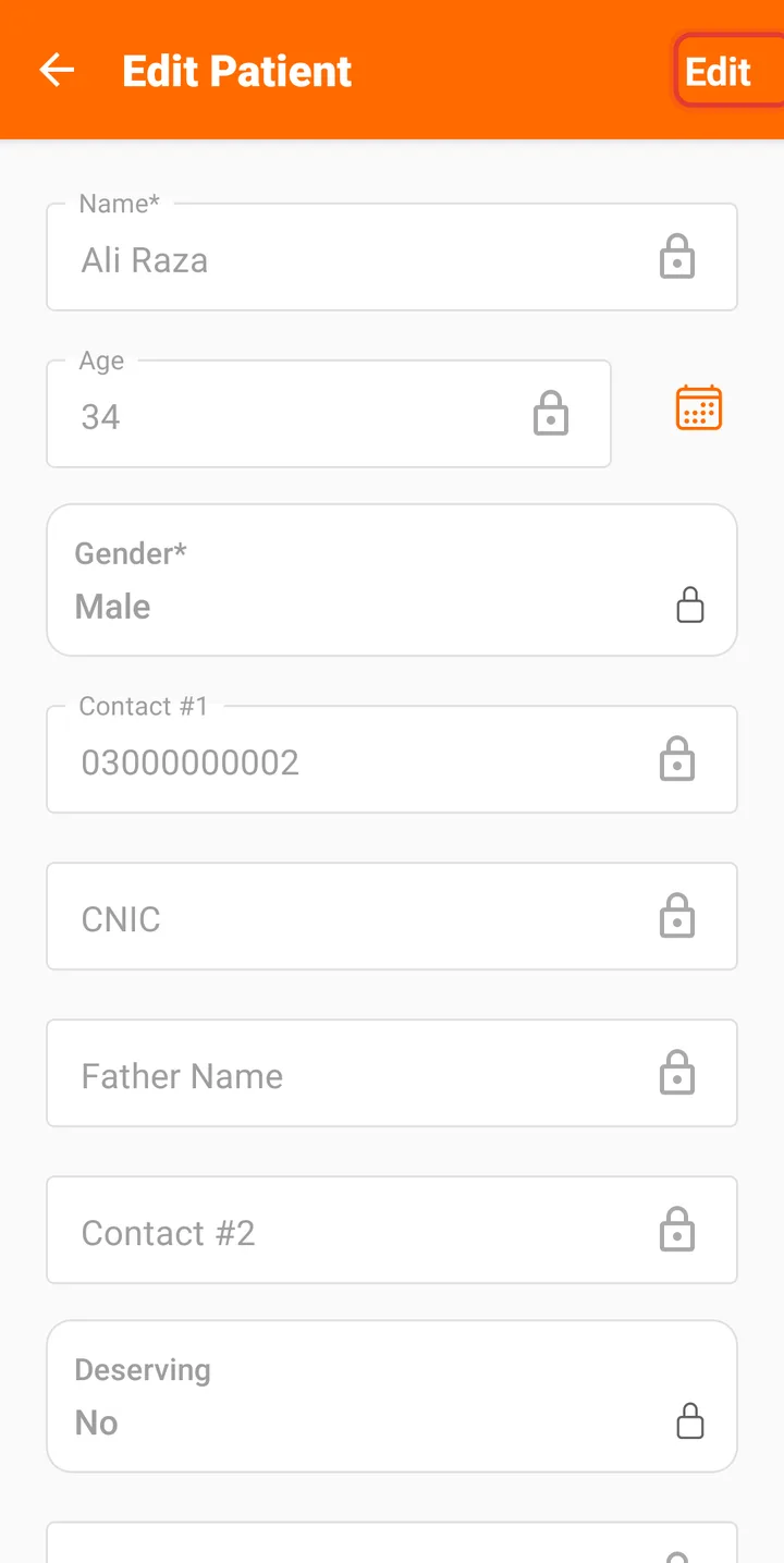 Edit Patient screen with locked fields and the Edit button highlighted