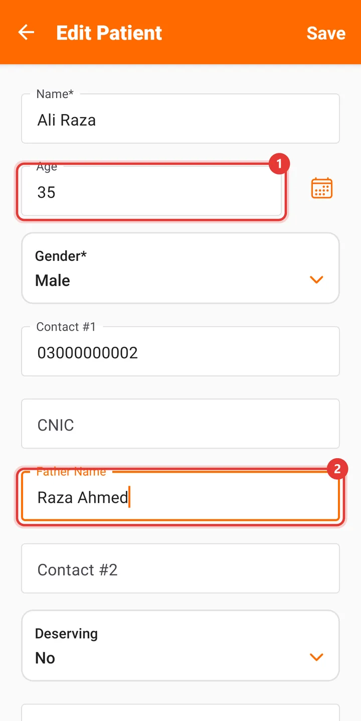 Edit Patient form with the Age and Father Name fields changed
