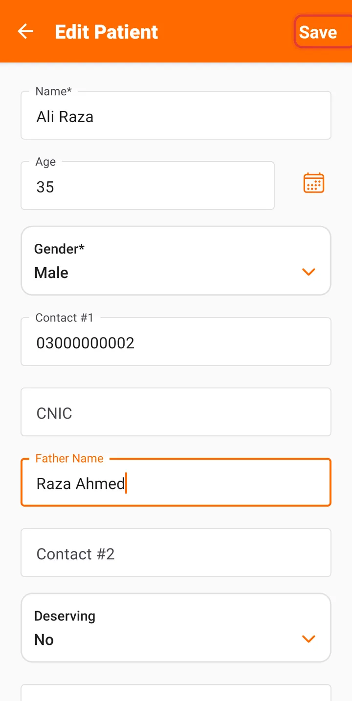 Edit Patient screen with the Save button highlighted