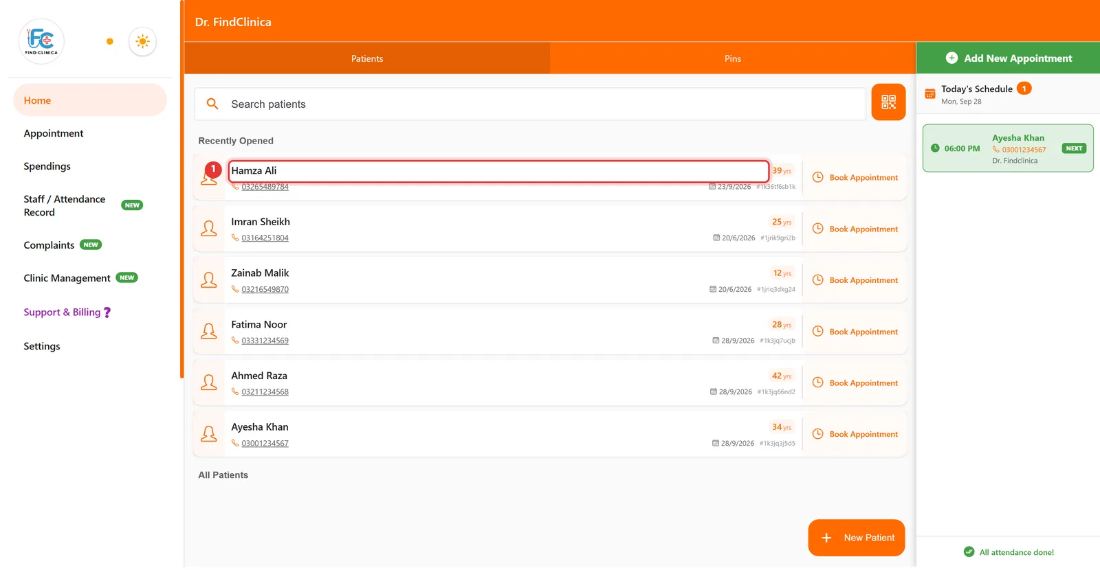 FindClinica patient list with one patient's name highlighted
