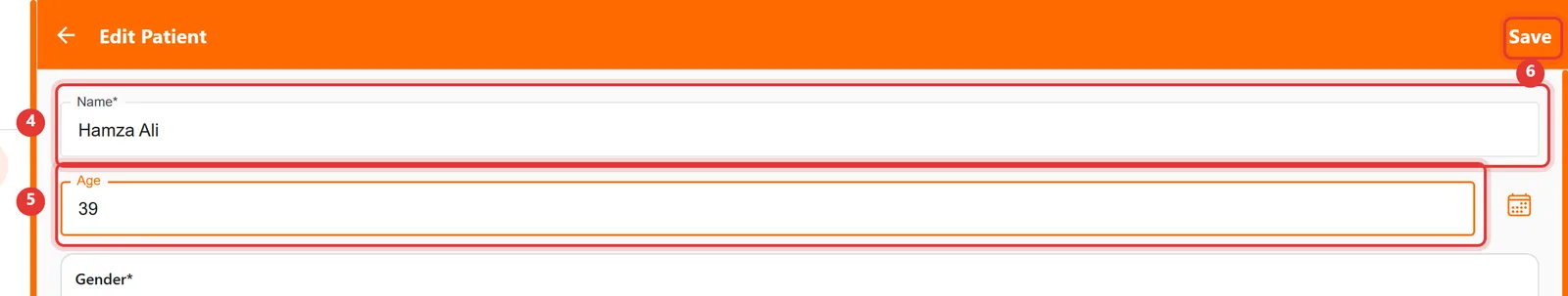 Edit Patient form with the Name and Age fields and the Save button highlighted