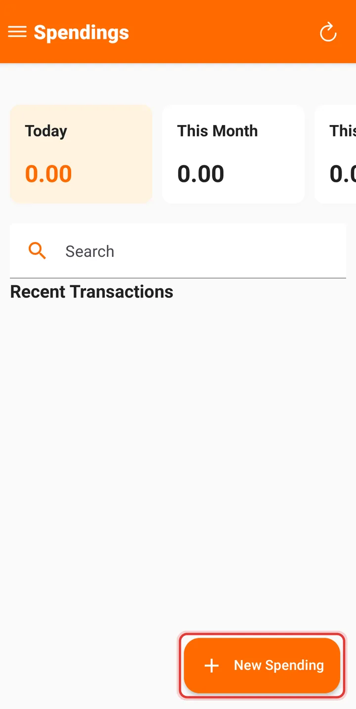 Spendings screen with the New Spending button highlighted