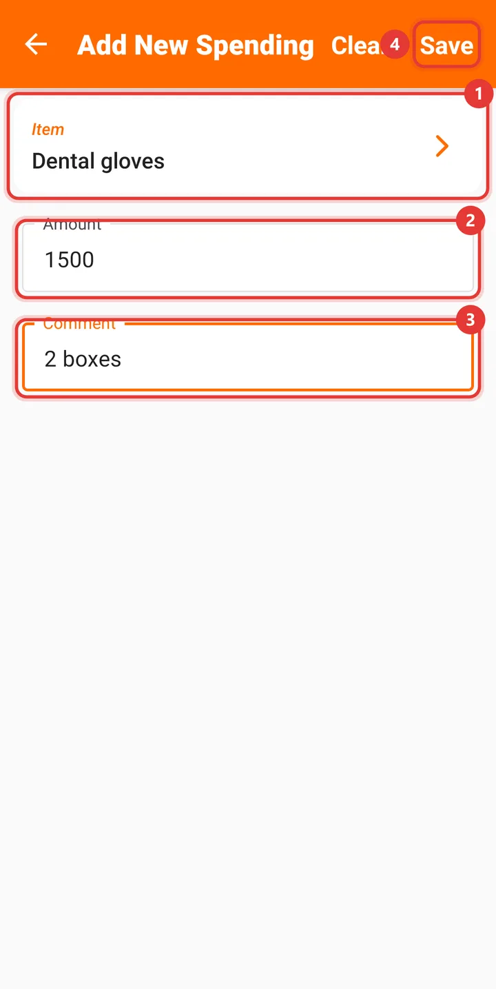 Add New Spending form with item, amount, comment and Save highlighted