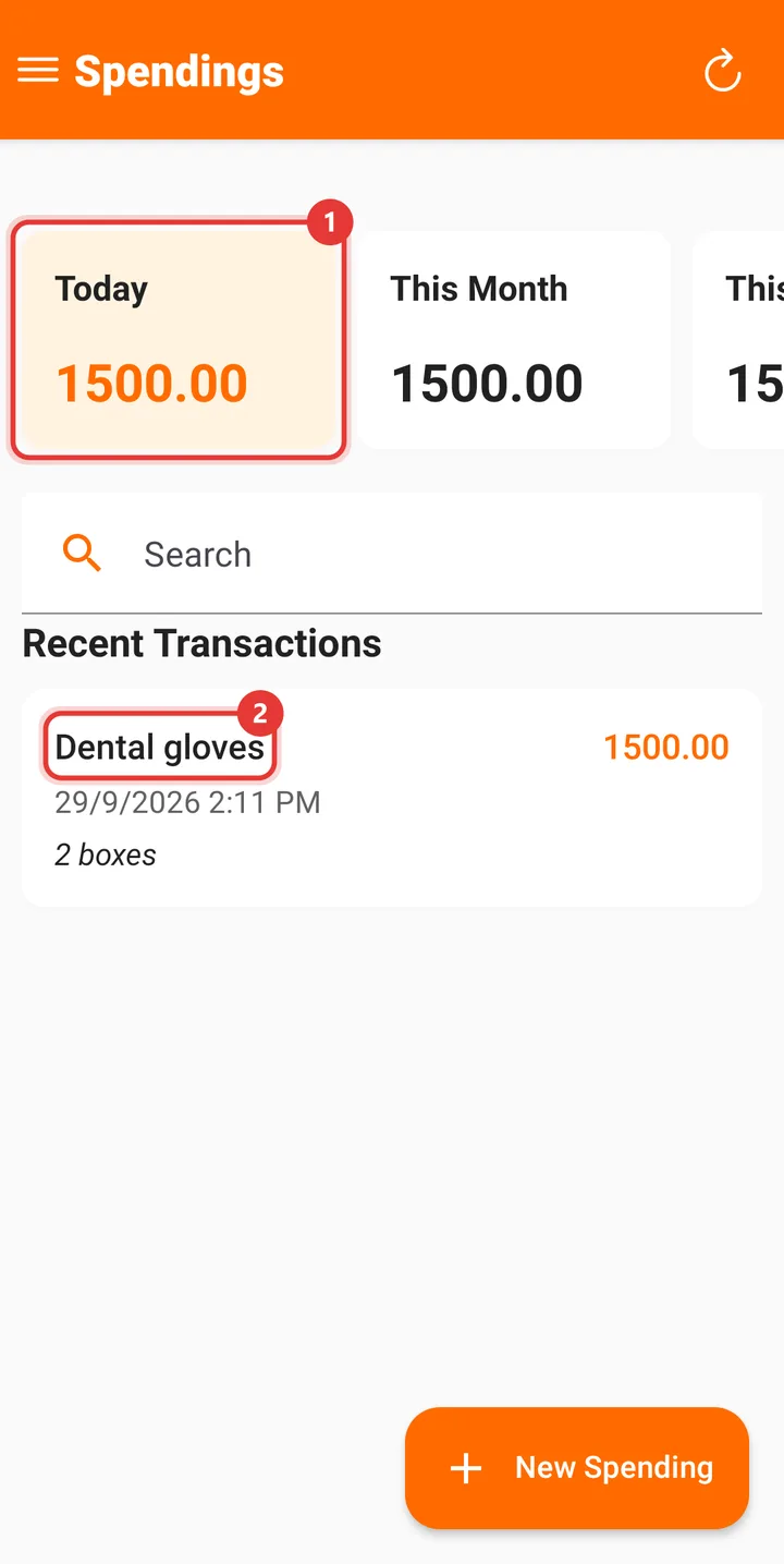 Spendings screen showing the new expense and updated totals