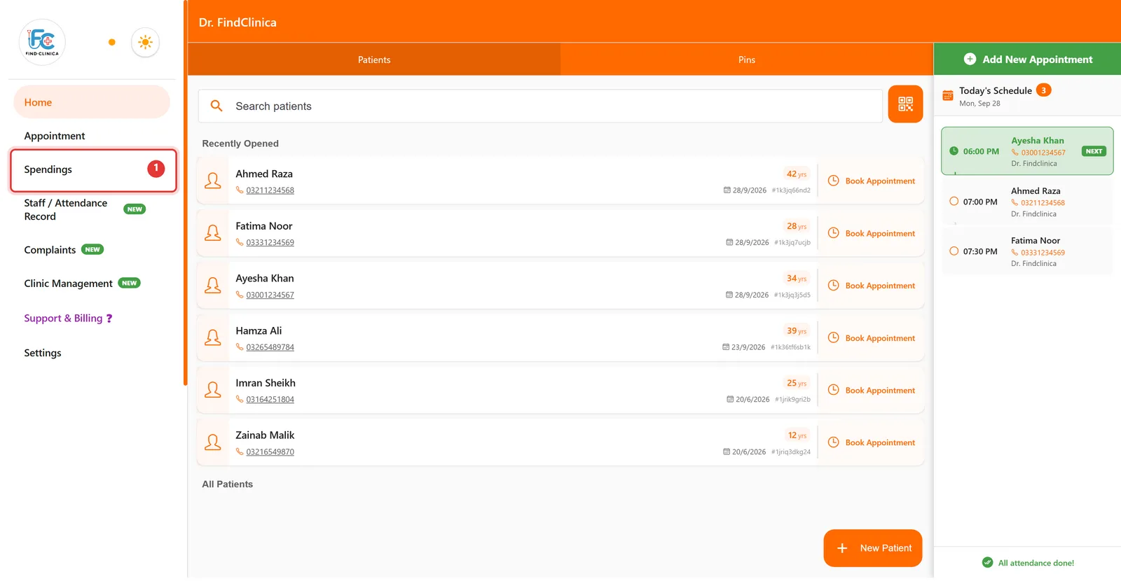 FindClinica left menu with Spendings highlighted
