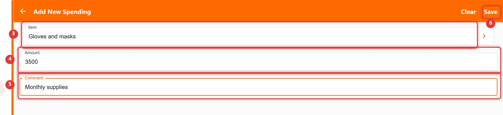 Add New Spending form with Item, Amount, Comment and the Save button highlighted