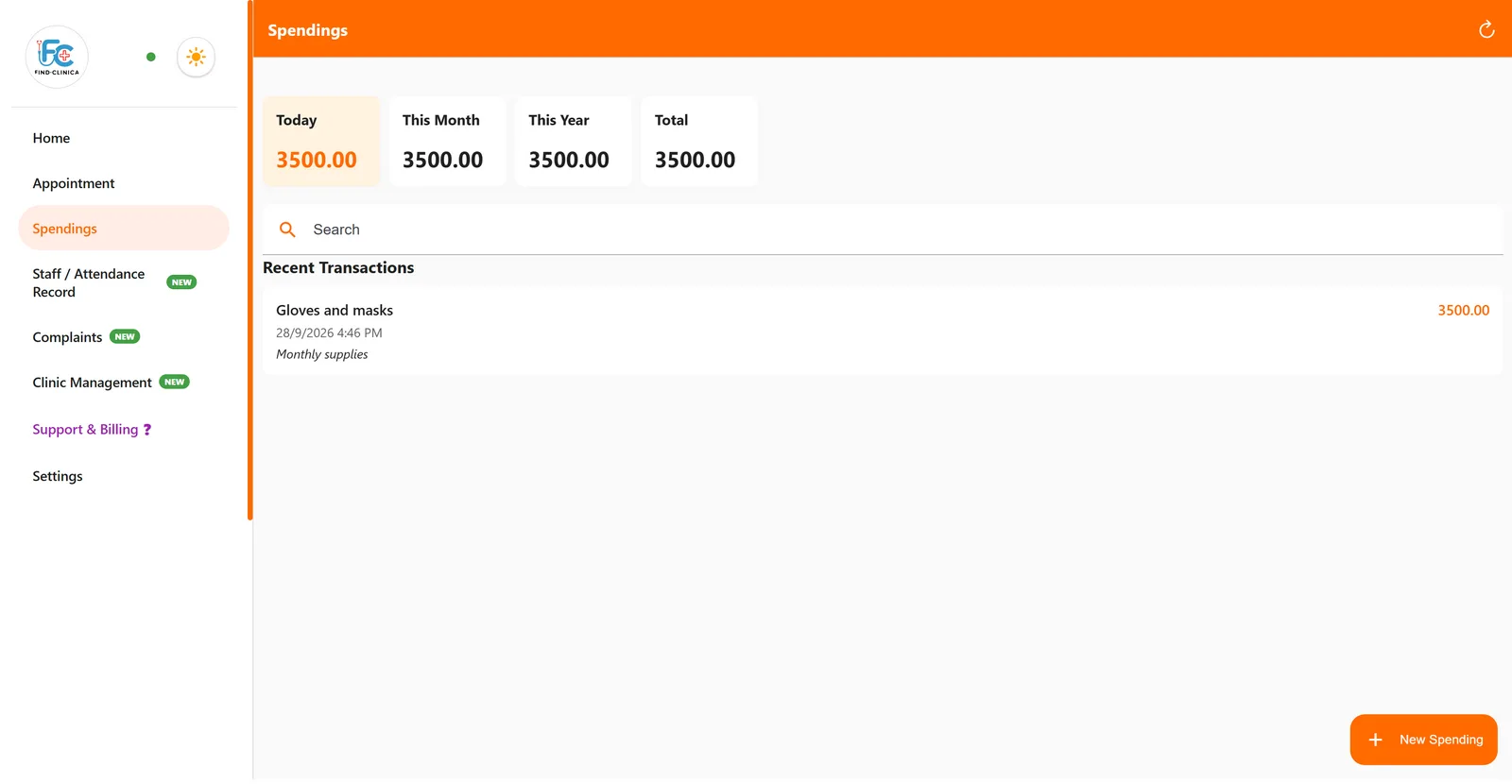 Spendings screen showing the new expense and updated totals