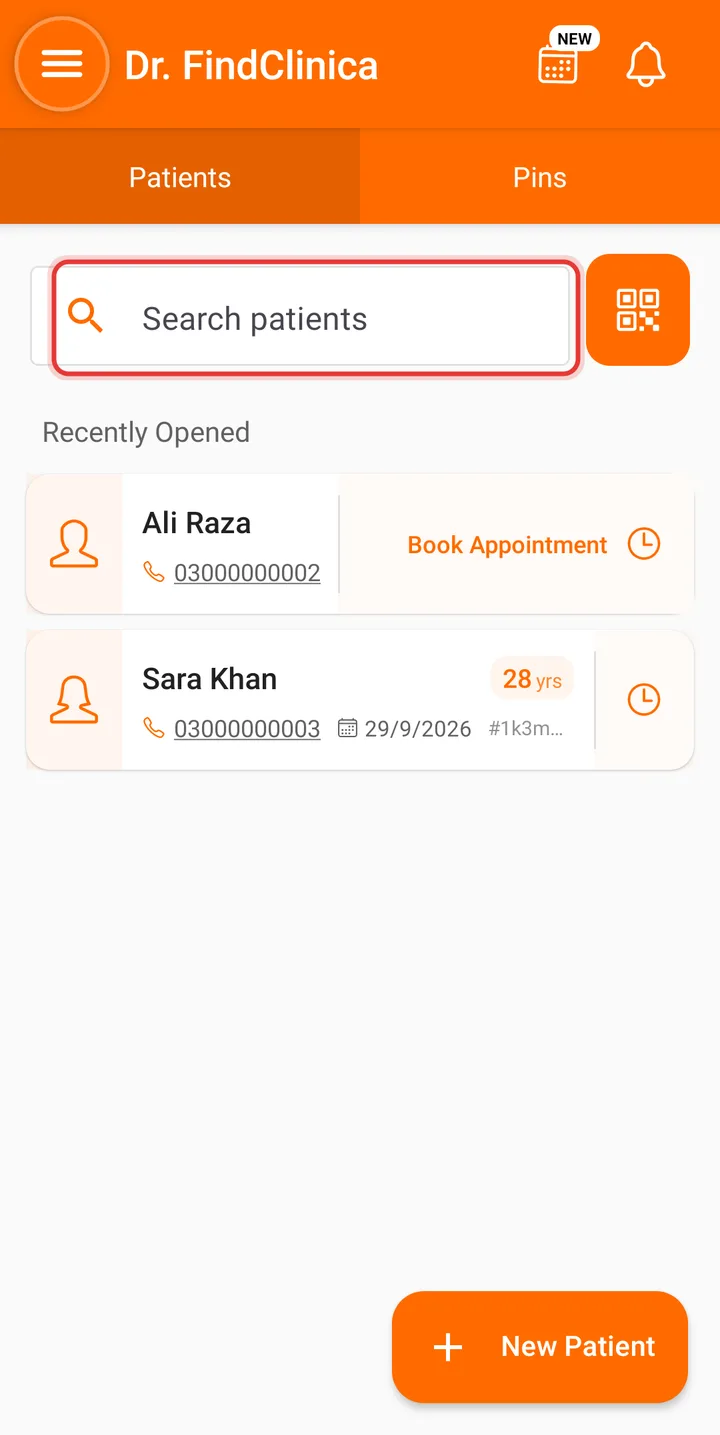 Patient list on a phone with the search box highlighted