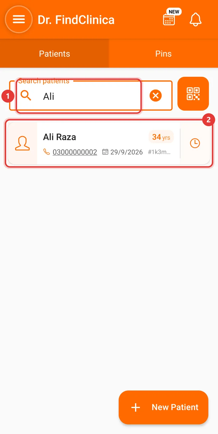 Search box with Ali typed and one matching patient highlighted