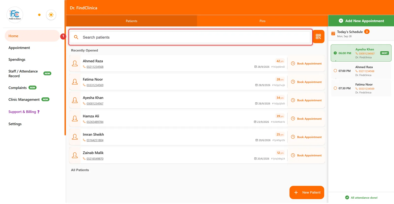 FindClinica home screen with the Search patients box highlighted