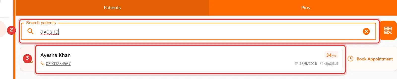 Search box with a name typed and the matching patient shown below