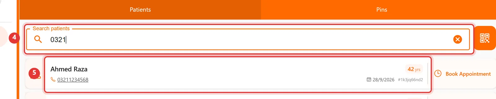 Search box with part of a phone number typed and the matching patient shown below