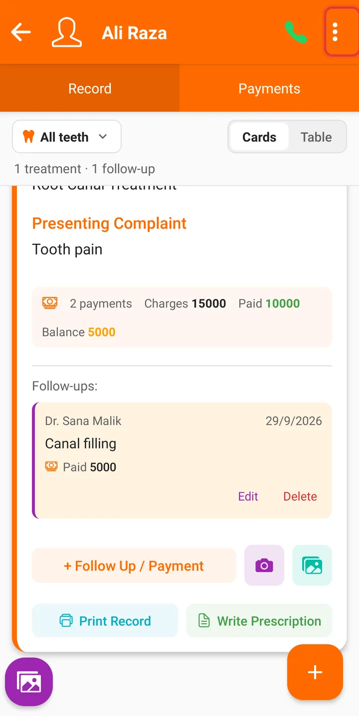 Patient page on a phone with the three-dot menu highlighted