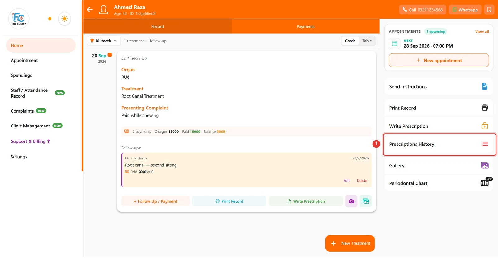 Patient page with Prescriptions History highlighted