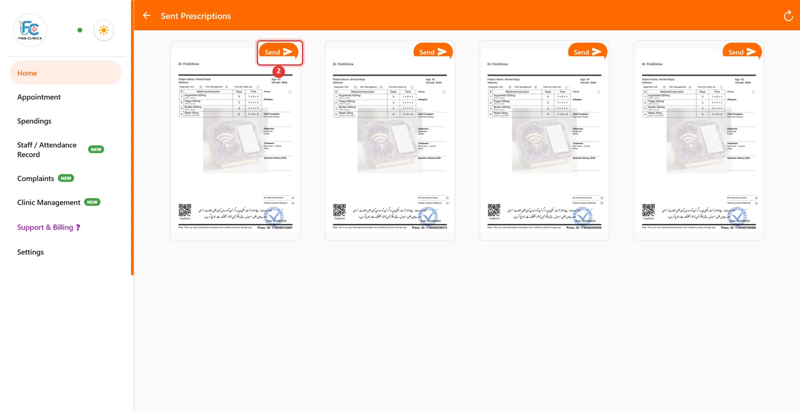 Sent Prescriptions screen showing past prescriptions with a Send button highlighted
