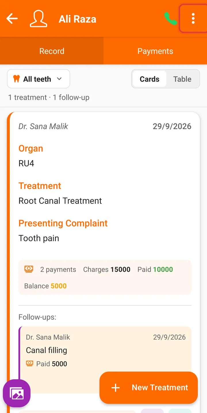 Patient page on a phone with the three-dot menu highlighted