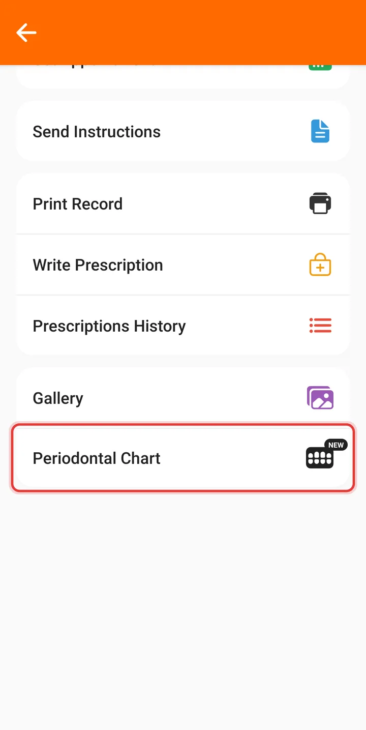 Patient menu with Periodontal Chart highlighted
