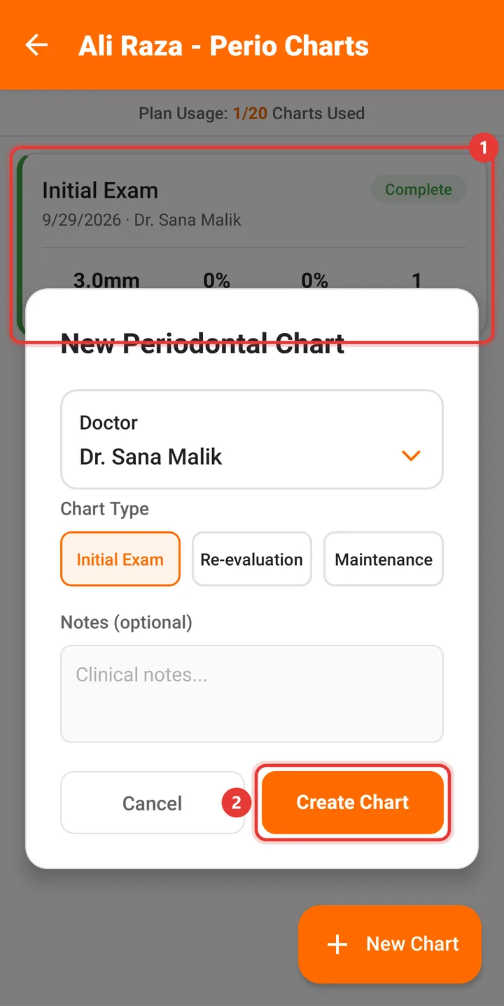 New Periodontal Chart dialog with Initial Exam and Create Chart highlighted