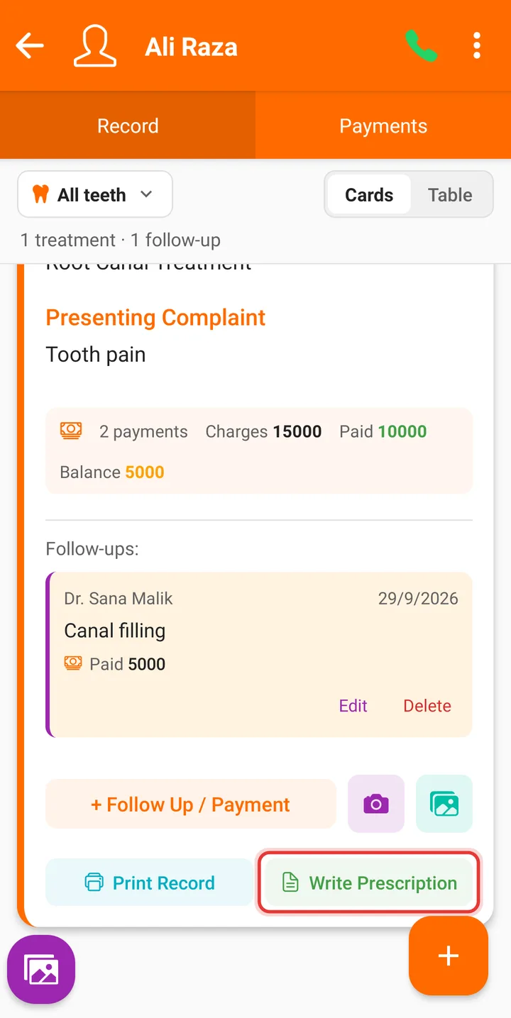 Treatment card on a phone with the Write Prescription button highlighted