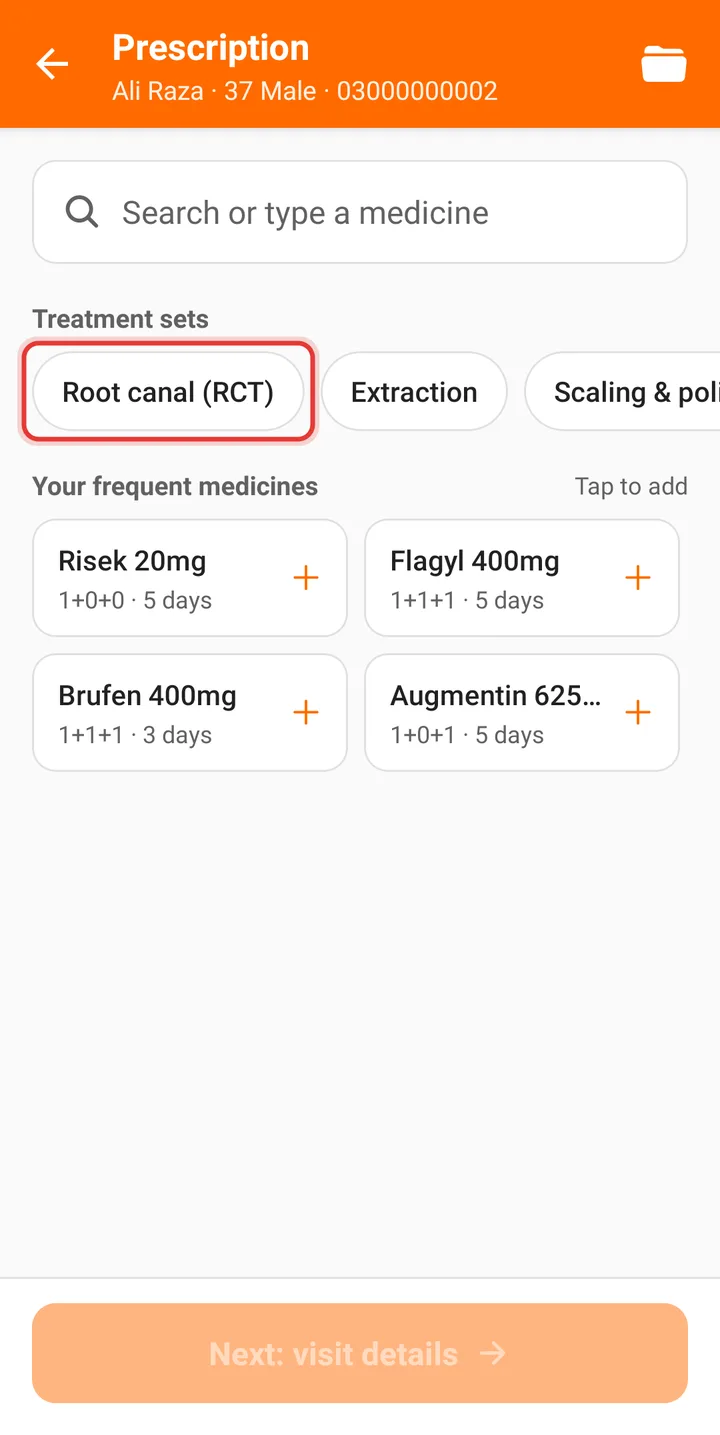 Prescription screen with the Root canal (RCT) treatment set highlighted