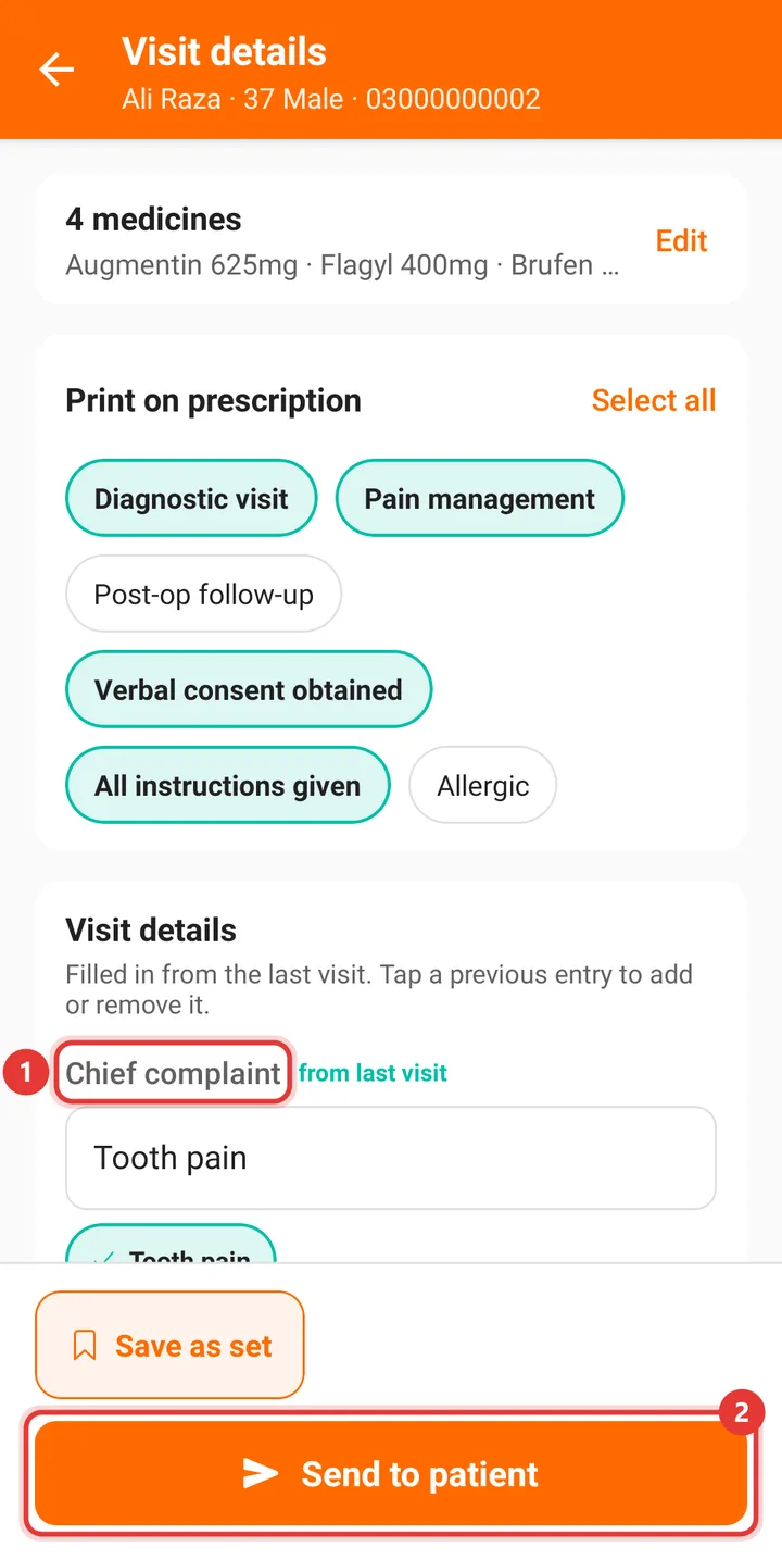 Visit details screen with the chief complaint and Send to patient highlighted
