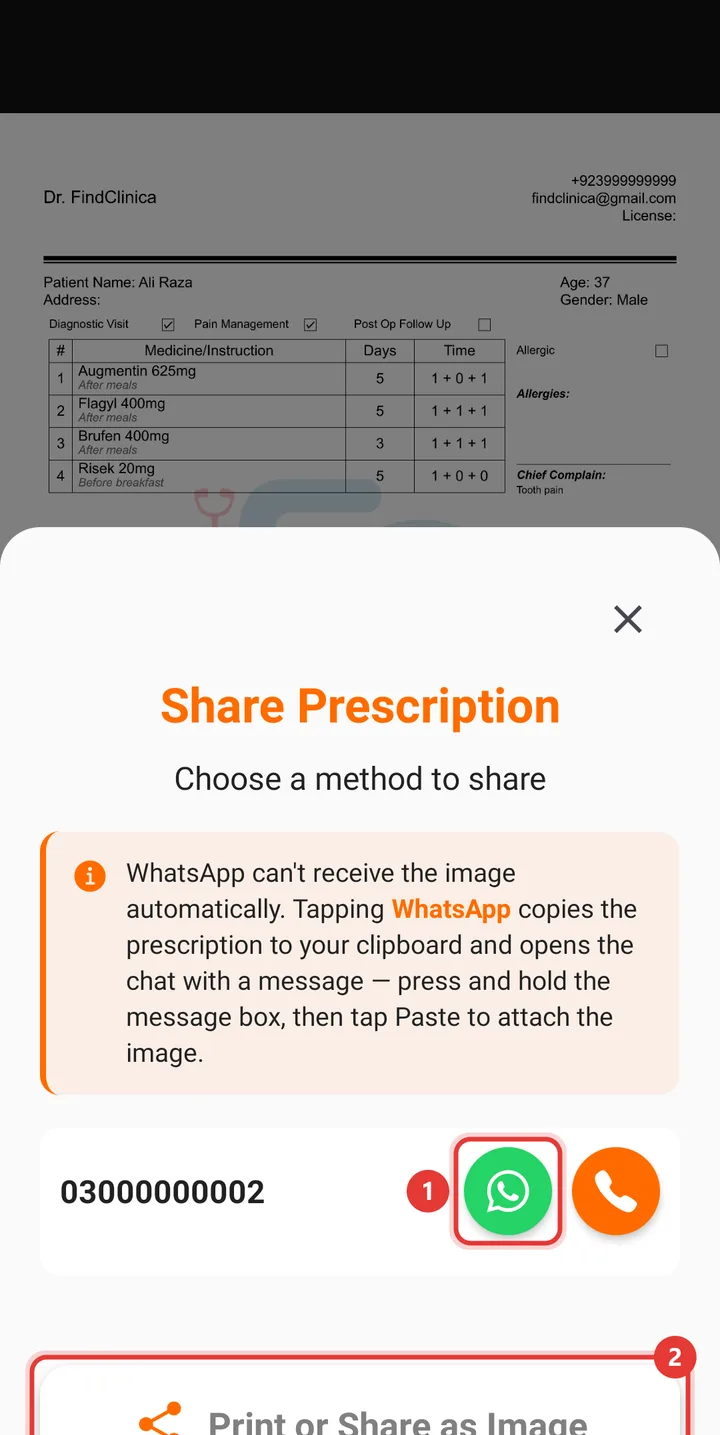 Share Prescription sheet with the WhatsApp and Print or Share buttons highlighted