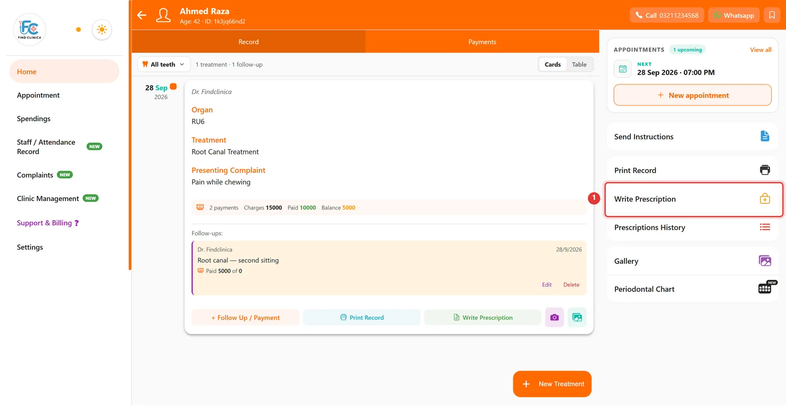 Patient page with the Write Prescription option highlighted
