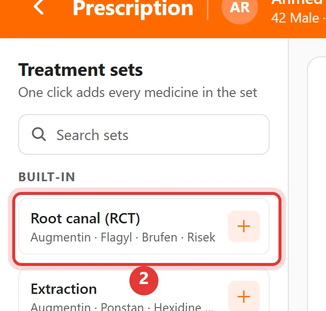 Treatment sets panel with the Root canal (RCT) set highlighted