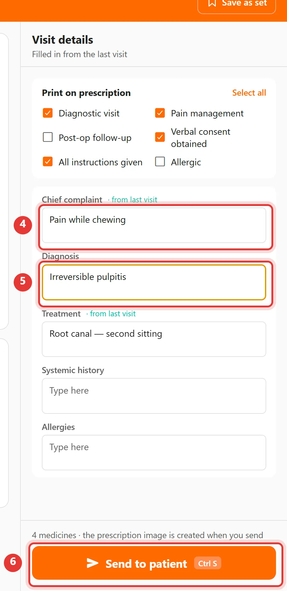 Visit details panel with Chief complaint, Diagnosis and the Send to patient button highlighted