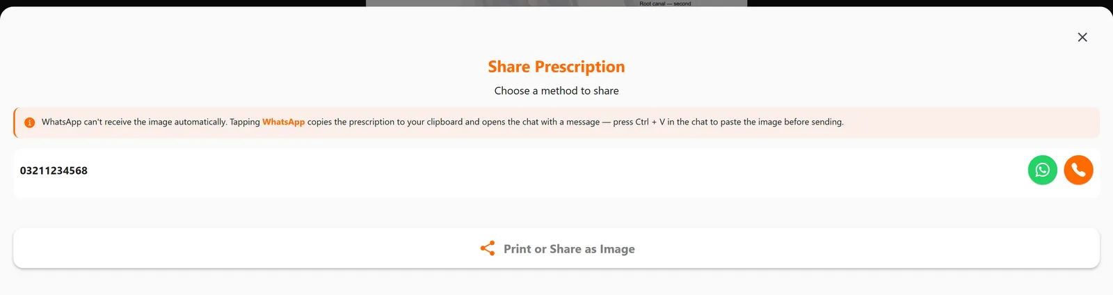 Share Prescription options: WhatsApp, call, and Print or Share as Image