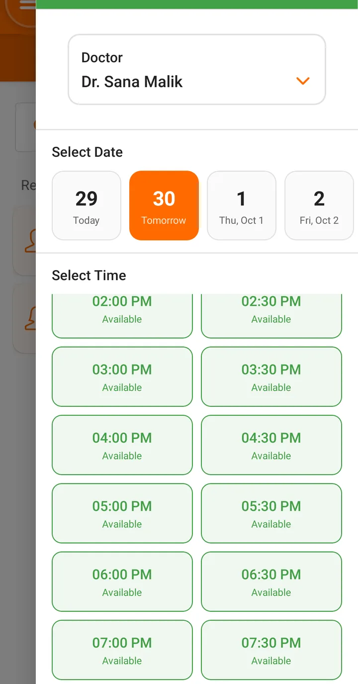 Booking an appointment on Android: doctor, date and open time slots — FindClinica dentist & medical software