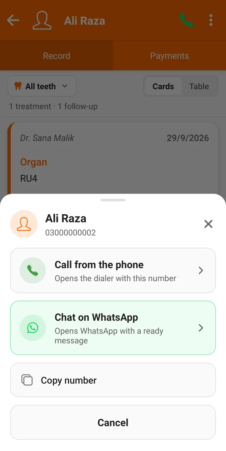 Calling or opening WhatsApp from a patient's file in the Android app — FindClinica dentist & medical software