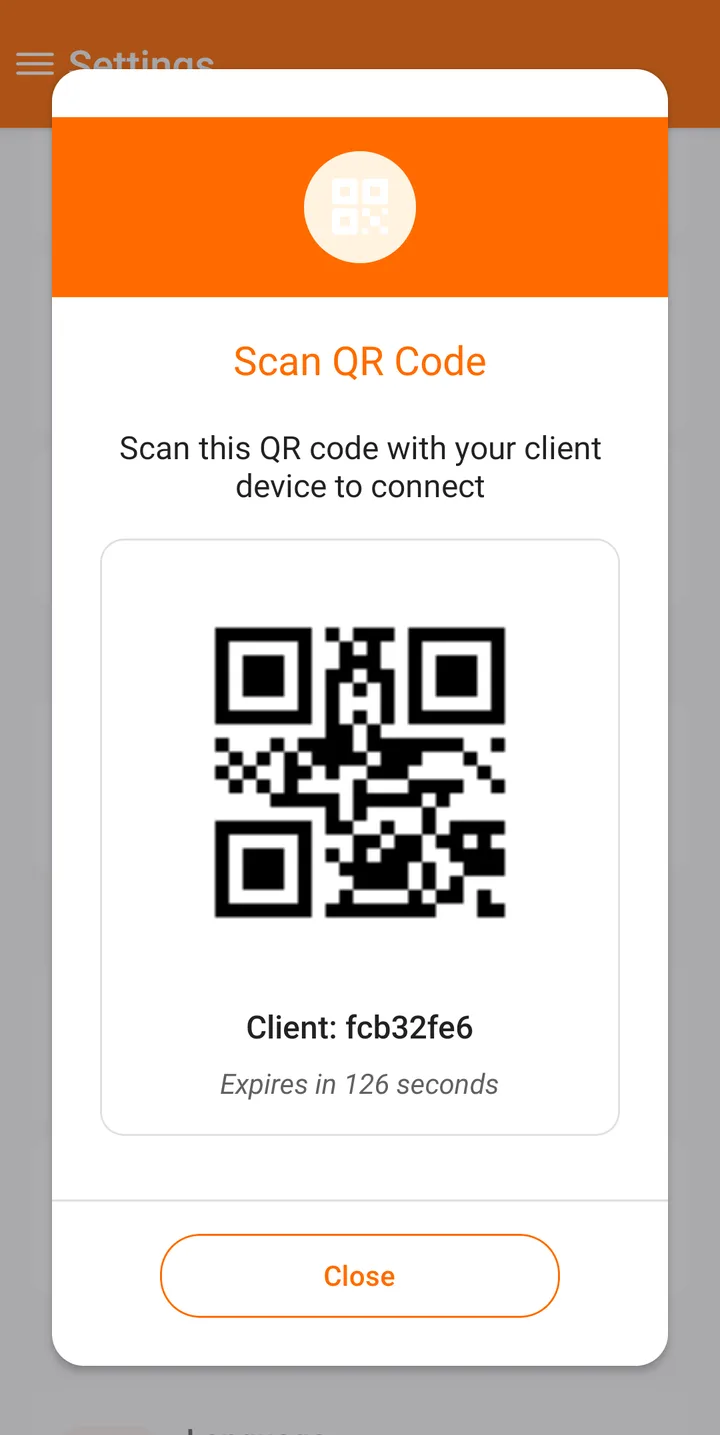 QR code on Android for connecting the desktop app, expiring in 126 seconds — FindClinica dentist & medical software
