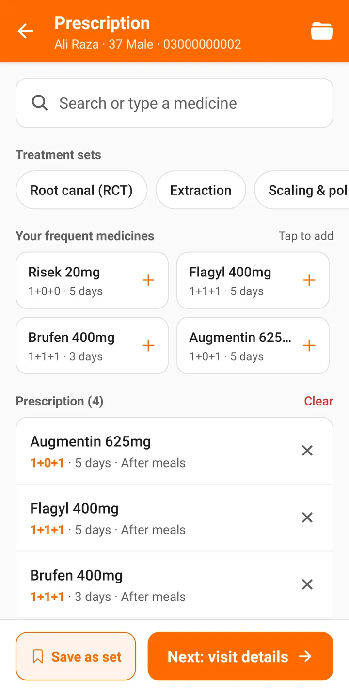 Writing a prescription on Android with treatment sets and frequent medicines — FindClinica dentist & medical software