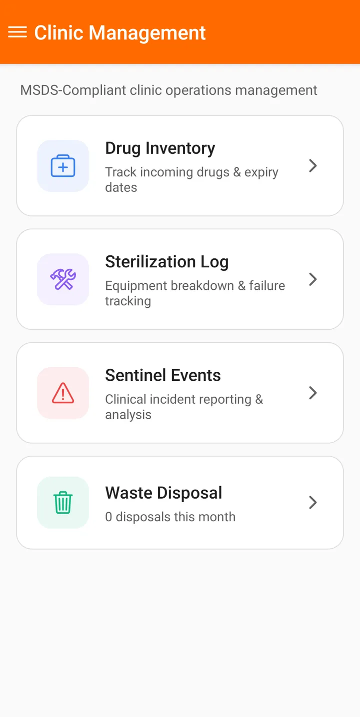 Clinic Management on Android with drug inventory, sterilization log, sentinel events and waste disposal — FindClinica dentist & medical software