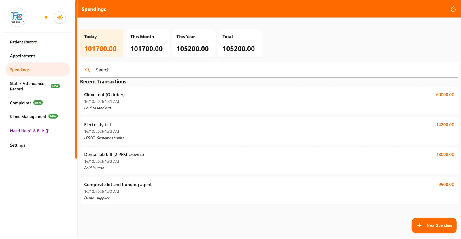 Clinic expenses in FindClinica: rent, electricity, a dental lab bill and supplies with daily, monthly and yearly totals — FindClinica dentist & medical software