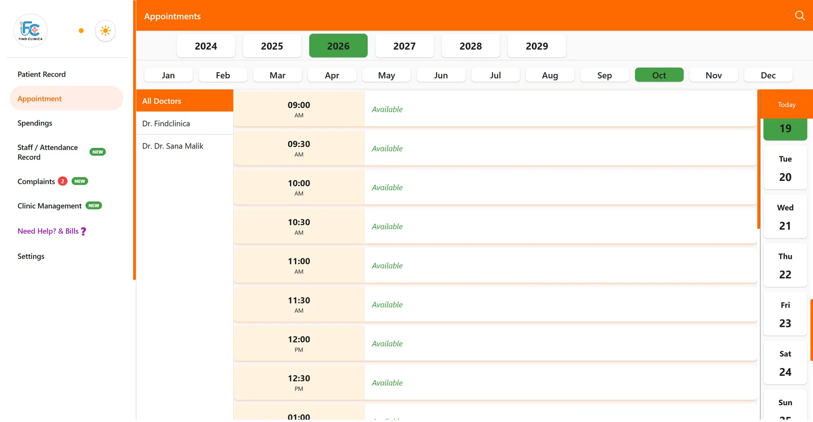Appointment screen on the FindClinica desktop app with the list of doctors — FindClinica dentist & medical software