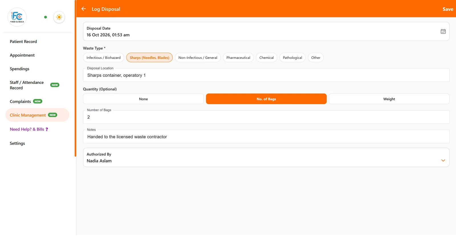 Logging a sharps waste disposal with location, number of bags and who authorised it in FindClinica — FindClinica dentist & medical software